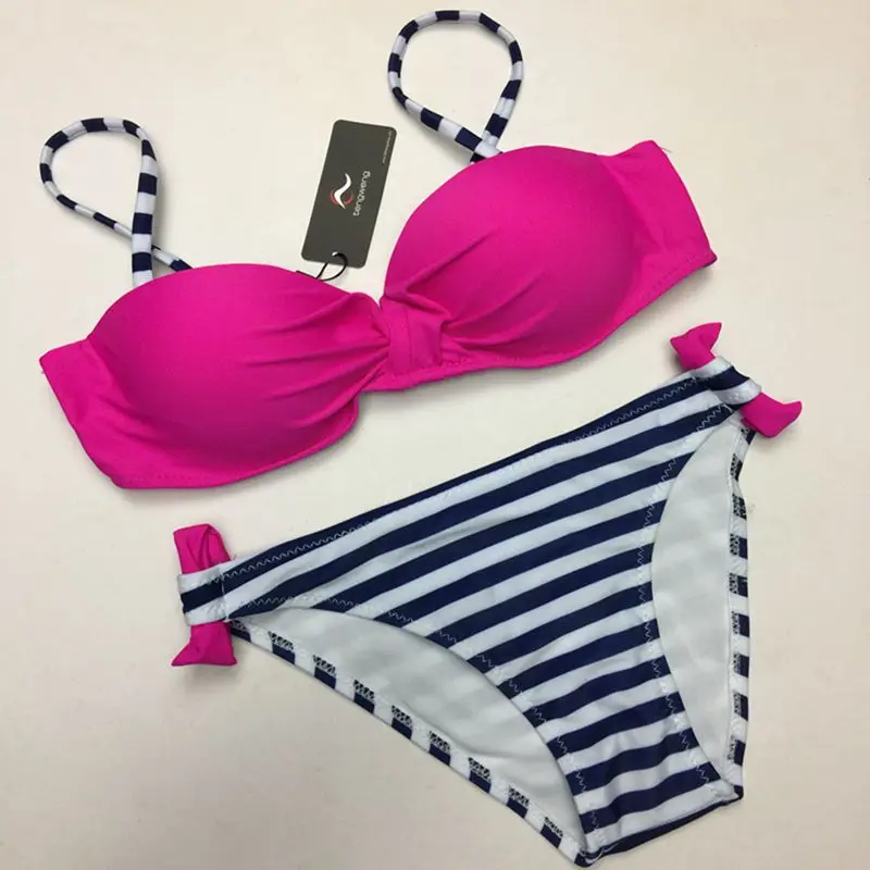 

Tengweng 2017 Sexy 2 Piece Push Up Padded Bikini Set Striped Patch Candy Colors Swimsuit Swimwear Beach BathingSuit Brazilian XL