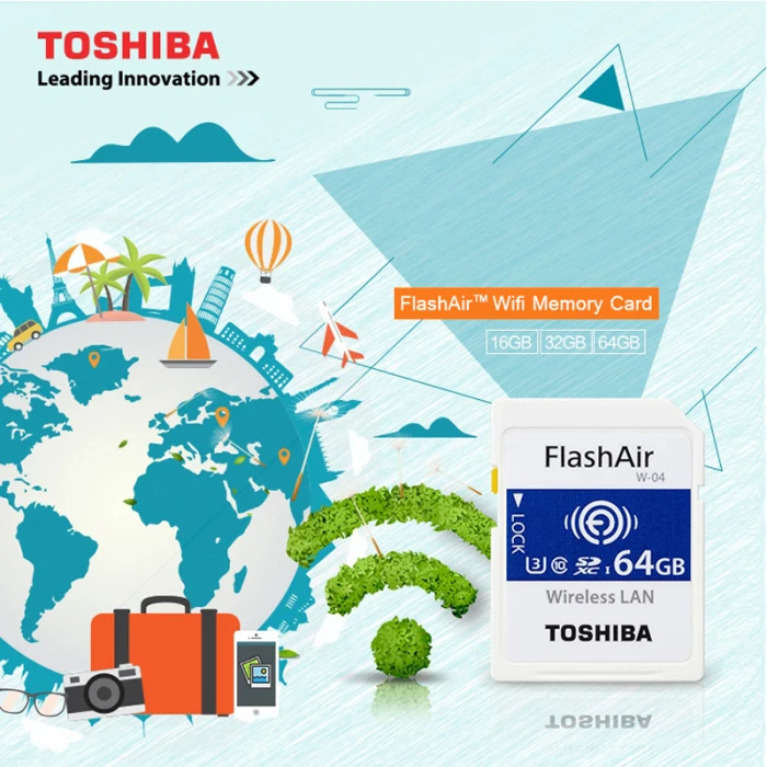 TOSHIBA FlashAir W-04, WiFi, SD карта, 64 ГБ, SDXC, 32 ГБ, 16 ГБ, SDHC, класс 10, U3, карта памяти, флеш-карта для цифровой камеры