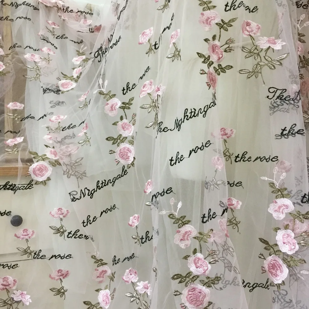 1 ярд мягкий белый тюль розовая роза вышитая кружевная ткань, ремесло шитье кружева поставка Роза Ткань для свадьбы выпускного вечера платье