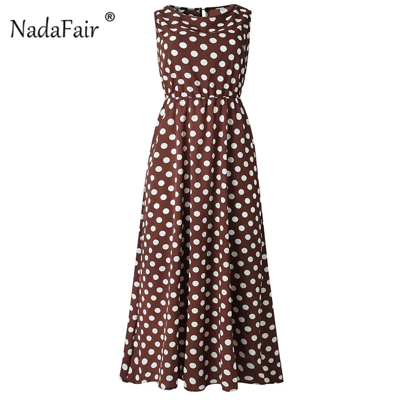 Nadafair Maxi Polka Dot Dress Women Boho Beach Party Chiffon Summer Dress Elastic Waist Dot Casual Elegant Long Dress Vestidos