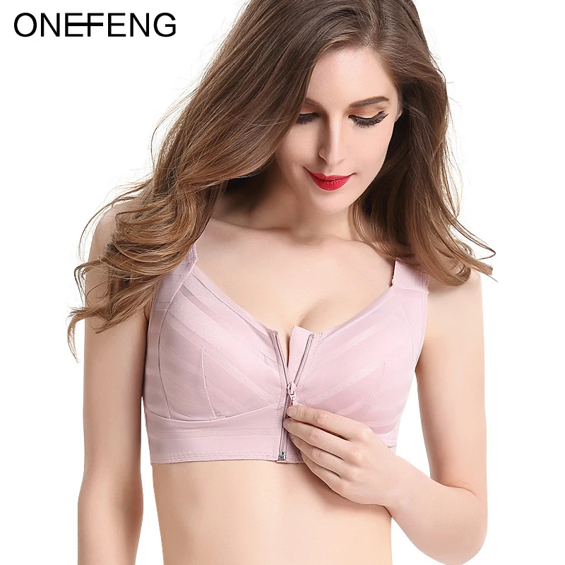 

ONEFENG 1715 Front Zipper Vest Type Without Steel Ring Adjustment Type Large Size Sleep Bra Shockproof Gather Sports Underwear