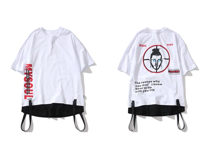 Aelfric Eden Rapper с принтом ленты мужские футболки поддельные две части цвет блок хип хоп Уличная Harajuku футболки с коротким рукавом - Цвет: Белый