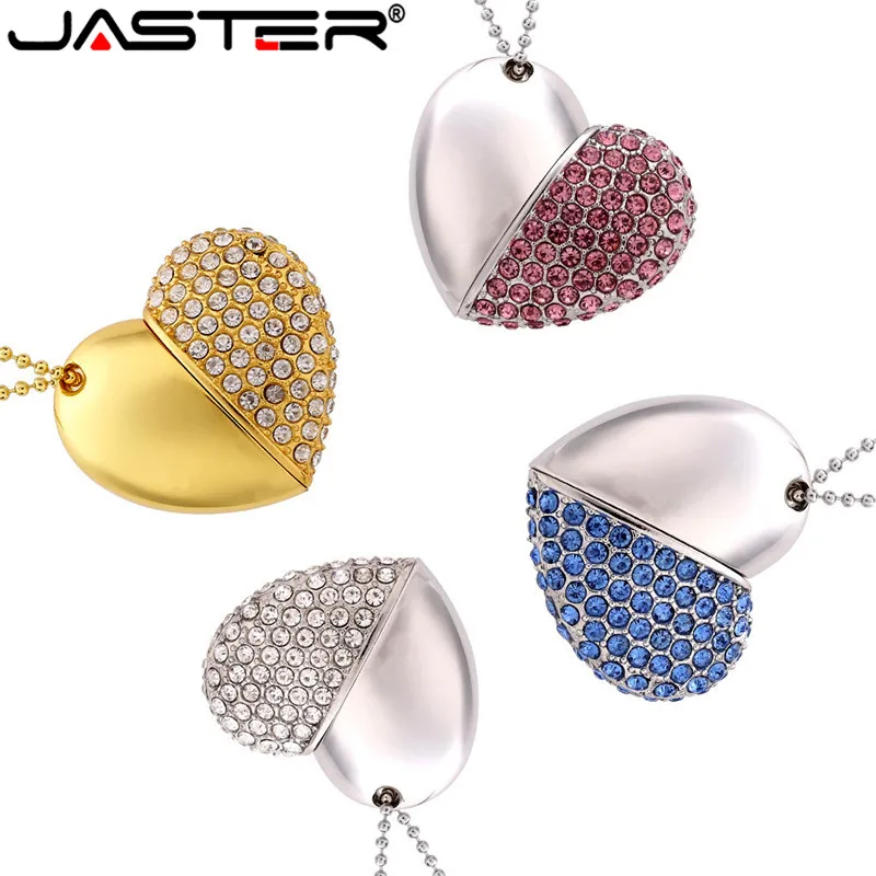 JASTER металлический алмазный USB флеш-накопитель в форме сердца с цепочкой Флешка 4 ГБ 8 ГБ 16 ГБ 32 ГБ 64 ГБ ожерелье карта памяти