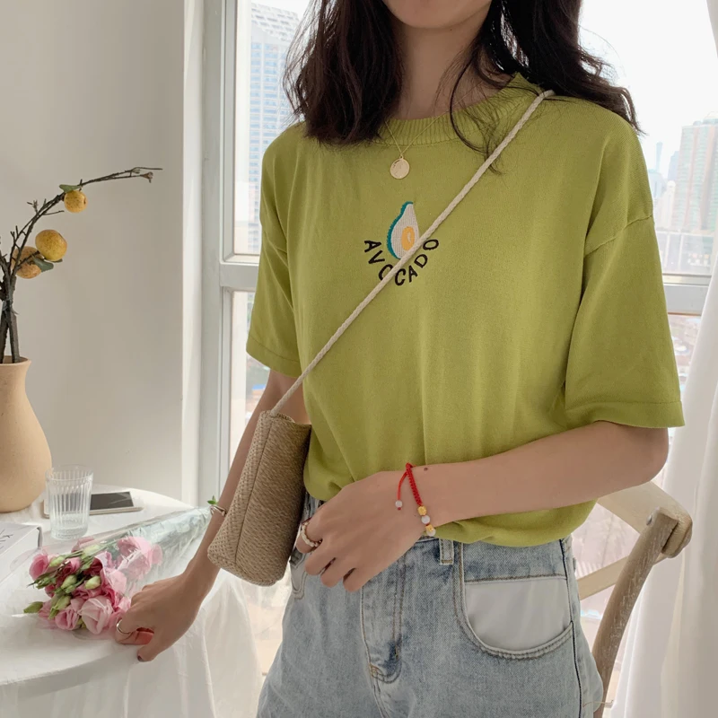 RUGOD Летняя женская футболка с круглым вырезом и вышивкой авокадо, футболка с коротким рукавом, Корейская свободная Элегантная стильная Милая Повседневная Женская трикотажная футболка