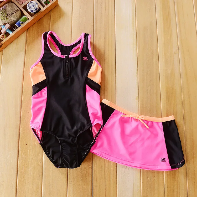 7 16Y Colorblock One Piece Swimsuit Cover Up Skirt Set, swim girl