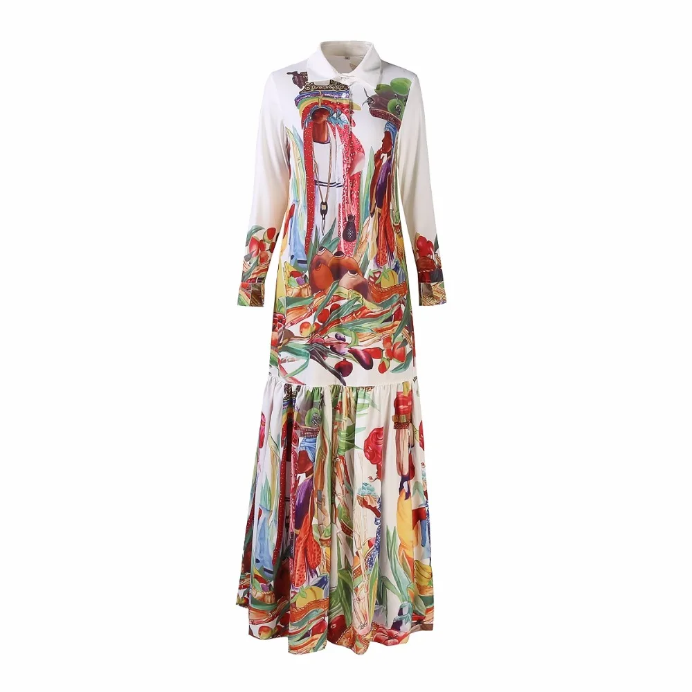 High Quality Newest Fashion Runway Turn Down Collar Maxi Dress Women's Long Sleeve Retro Art Printed Designer Long Dress