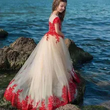 Кружевной рукав-крылышко, аппликация, мягкое Тюлевое платье с цветочным рисунком для девочек, с закрытой пуговицей сзади, популярное праздничное платье для маленьких девочек с красным кружевом
