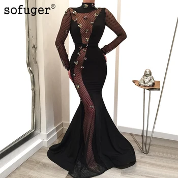 

Black Illusion 2019 Long Sleeves Red Carpet Dresses Mermaid High Neck Dresses 2019 Backless vestido de festa With Flowers