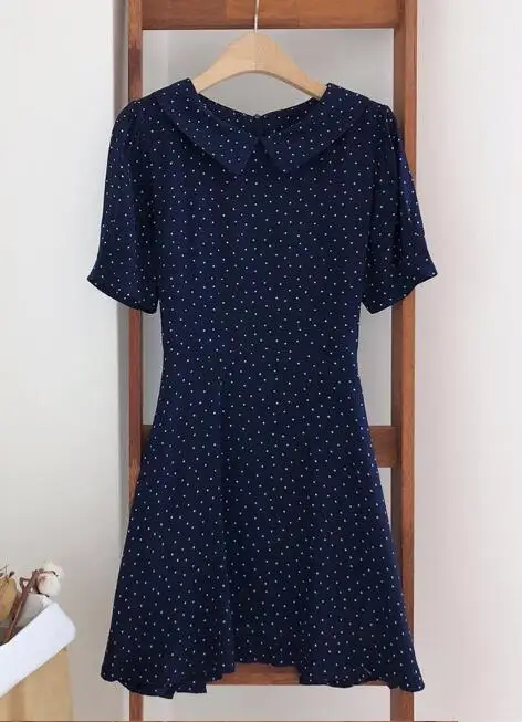 Платье с воротником в стиле Питера Пэна, женское модное платье в консервативном стиле, милое ТРАПЕЦИЕВИДНОЕ мини платье-рубашка в горошек, винтажное платье черного и красного цвета, 4126 - Цвет: Navy Blue