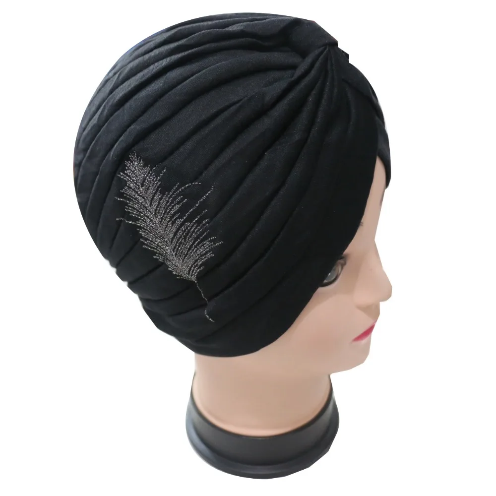 

Free Shipping 2017 New Fashion Black Embroidery Feather Turban Hats For Womens