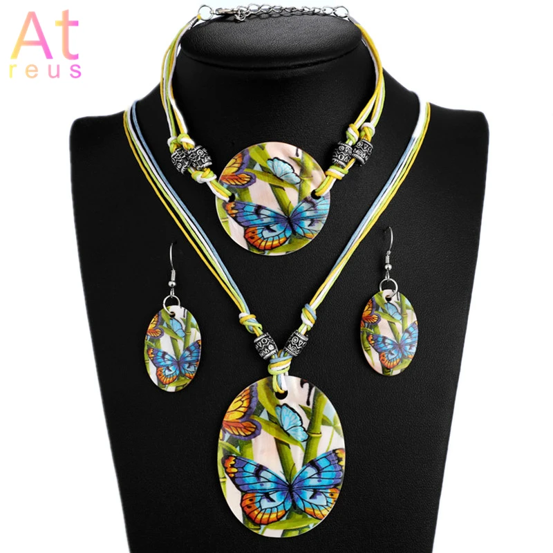 

Freshwater Shell Stone Jewelry Set Oval Pendant Necklace Printed Butterfly Drop Earrings Handmade Wax Rope Weave Bracelet Women