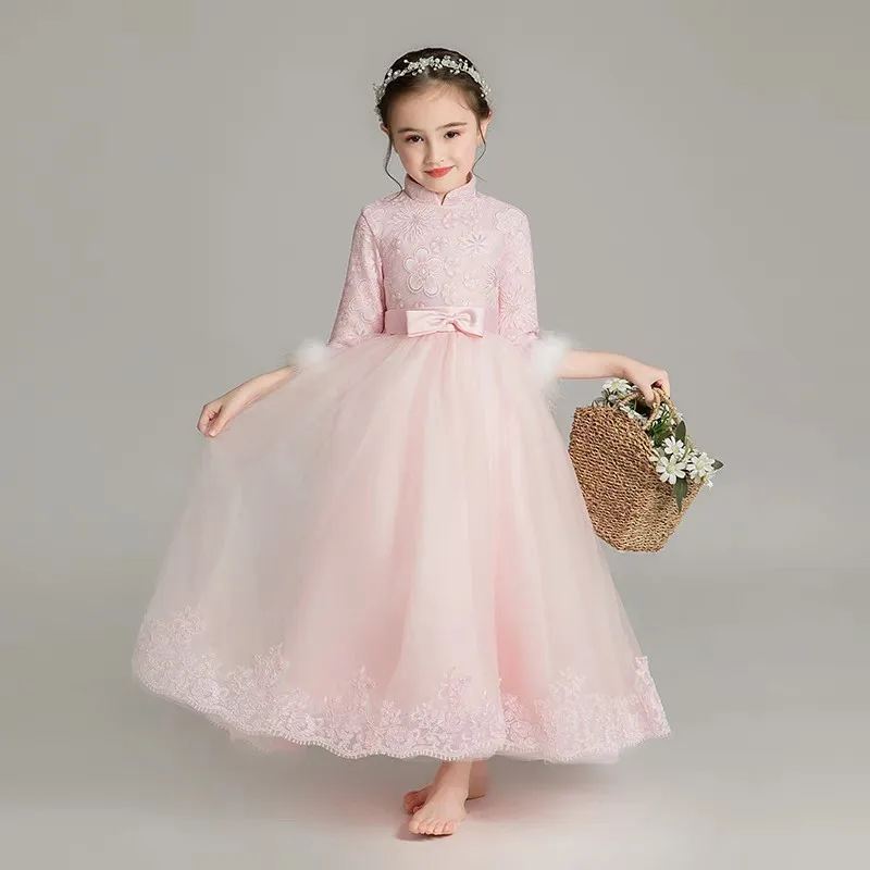 

2018 Autumn Winter Elegant Children Girls Pink Color Birthday Wedding Party Princess Lace Dress Kids Teens Host Model Mesh Dress