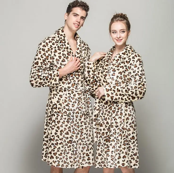 (1PCS/Lot) Leopard Bathrobe men robes Fleece women's Size M L XL