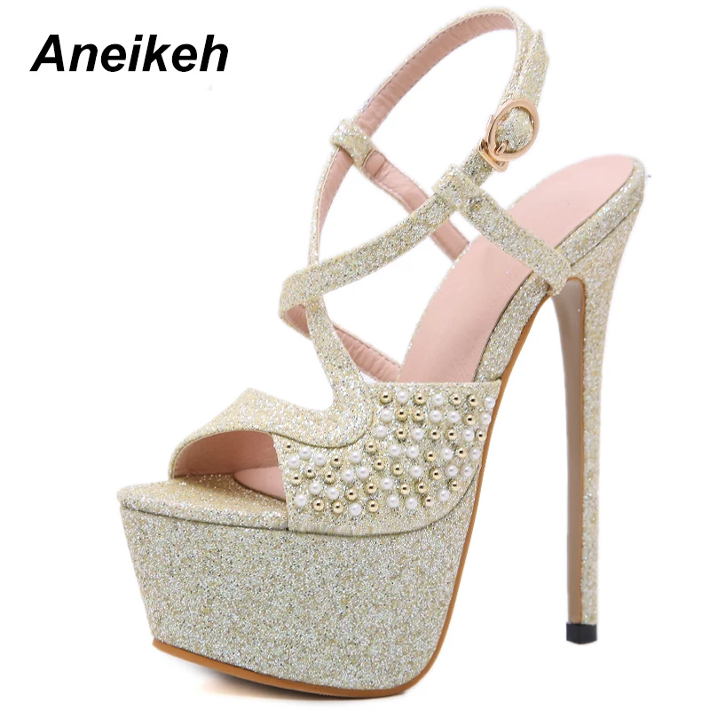 

Aneikeh NEW Fashion 2019 Summer Gladiator Sandals For Women Platform Shoes Sexy 16 CM High Heels Open Toe String Bead Party Shoe