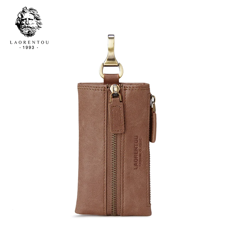 

Laorentou Genuine Leather Men Key Wallets Vintage Business Men Zipper Key Case Pouch Bag Unique Key Holder Small Wallet