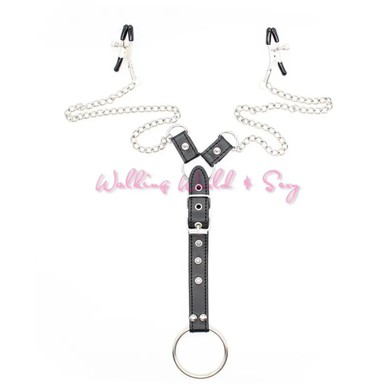 Adult Game Sex Toys For Men PU Leather+ Metal Chain Nipple Clamps With A Cock Rings Fetish Teat Clips And Penis Ring Erotic Toys (11)
