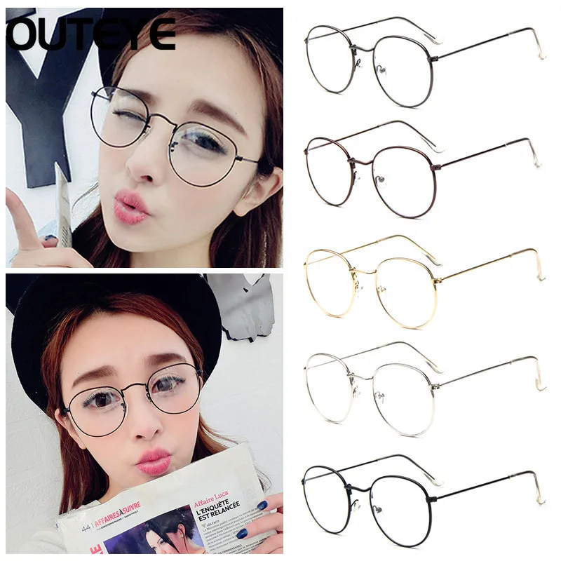 

OUTEYE Vintage Women Eye Glasses Frames Plain Mirror Literary Harajuku Big Metal Oval Frame Glasses Femme Feminino