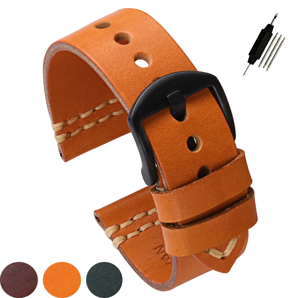 

CARTY 22 24mm Watch Band Vintage Handmade Vegetable-tanned Leather Watch Strap Replacement Watch Bands for Men Coffe Green Brown