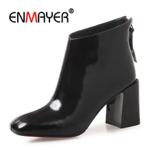 ENMAYER Women Ankle Boots High Heels Boots Back Zipper Winter Cow Leather Fashion Shoes Square toe Square Heels Causal CR892