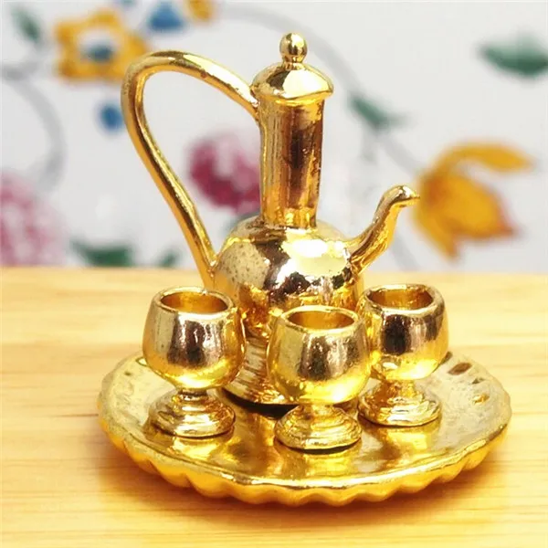 

1:12 Dollhouse Miniature Tableware Metal Wine Coffee Tea Cup Pot Tray Golden