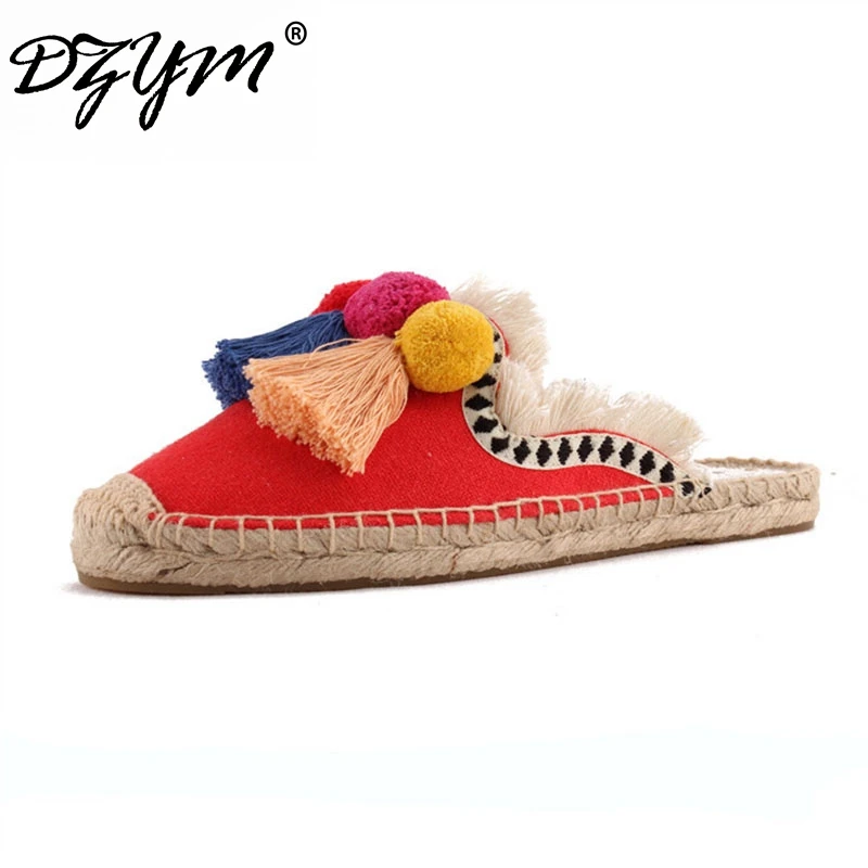 Acheter DZYM 2019 Linge D été Lin Pêcheurs Chaussures Liège Femmes Diapositives Main fait Pantoufles Glands Triple Chuzzle Mules Sapatos Femininos