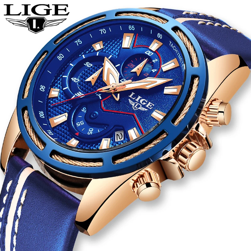 

Mens Watches Top Brand Luxury LIGE Men's Waterproof Military Sport Watch Men Casual Leather Quartz Wristwatch Relogio Masculino