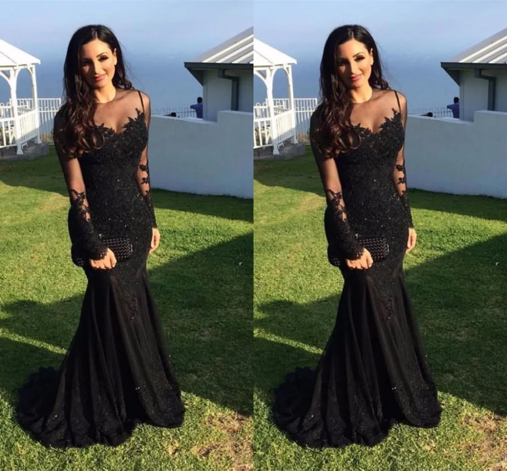 

Generous Black Mermaid Evening Dresses 2018 Long Sleeved Prom Dress Galajurk Robe De Soiree Sheer Formal Party Gowns
