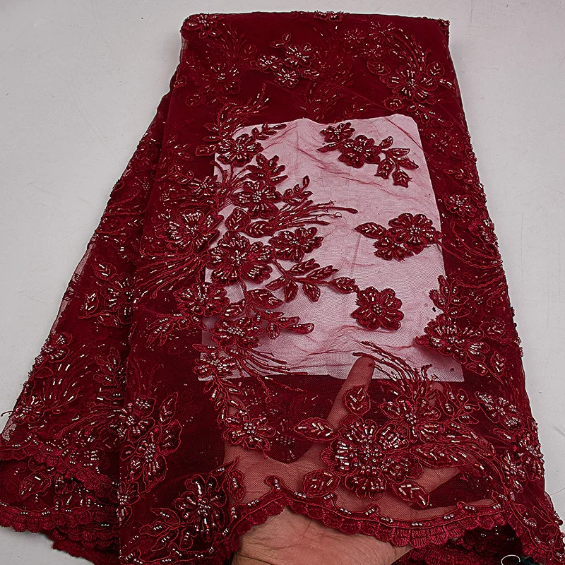 

Wine Lace Handmade Beaded Fabric For Dress, Newest Luxury Lace For Bride, 2kg/5 yards Heavy Lace Garments MR2497B