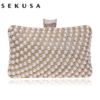 

SEKUSA Metal Diamonds Beaded Evening Clutch Bag Chain Shoulder Women Handbags Pearl Rhinestones Evening Party Holder Purse