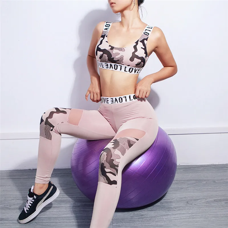 

Fashion Letter Camouflage Print Women Tracksuit Sexy Mesh Patchwork Fitness Sets Crop Tops And Sporting Leggings 2 Pieces Suits
