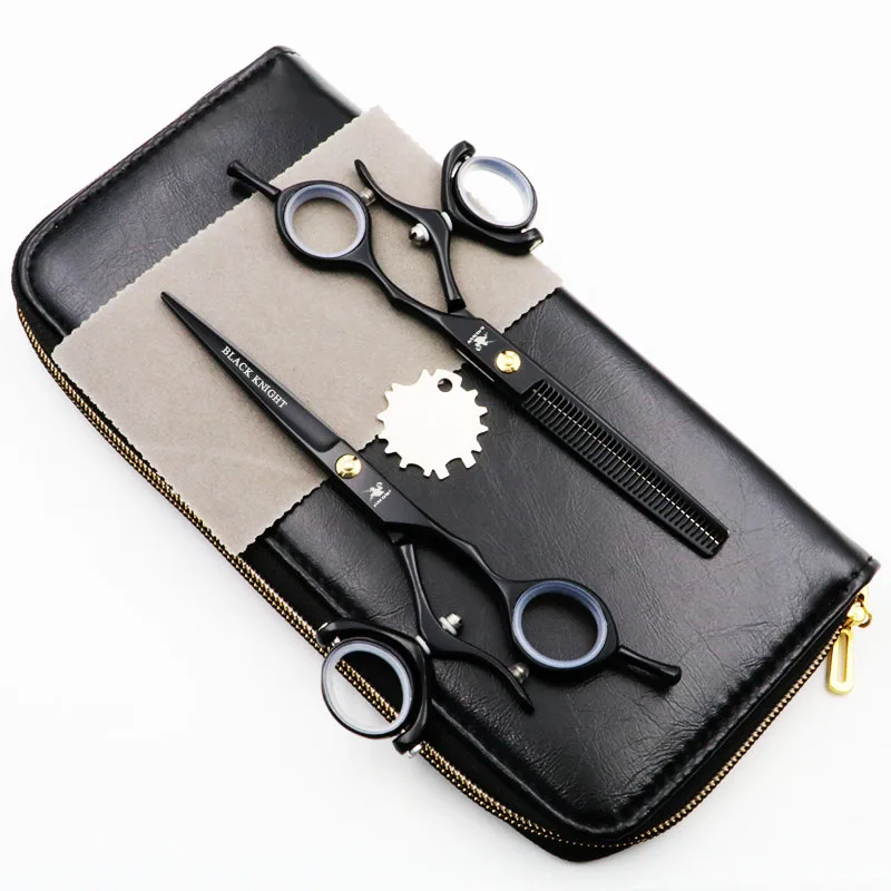 Tesoura de Corte + Tesoura de Desbaste Cavaleiro Preto Profissional Cabeleireiro Tesoura Anel Rotativo 6 Polegada 2 Peças Conjunto