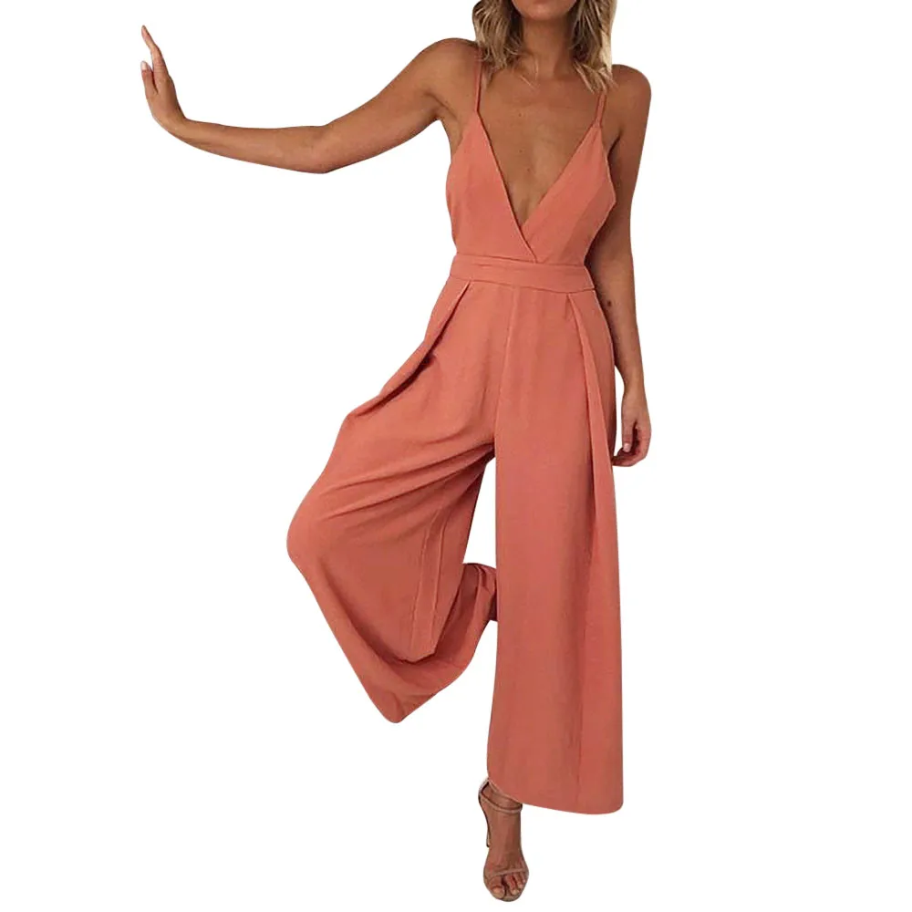 

JAYCOSIN clothes Women Causal Playsuit V Neck Back Bow Loose Orange Romper summer office Jumpsuit