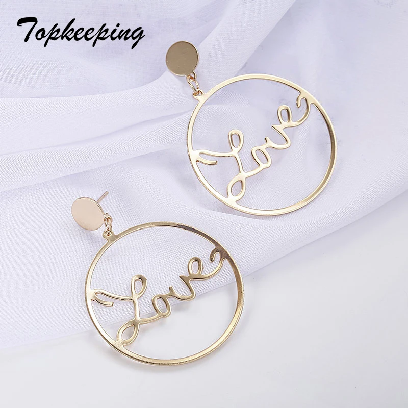 

Women Fashion Jewelry Gold Silver Color Big Circle Pendants Earrings Chic Geometric Hollow Design Love Alphabets Dangle Earrings