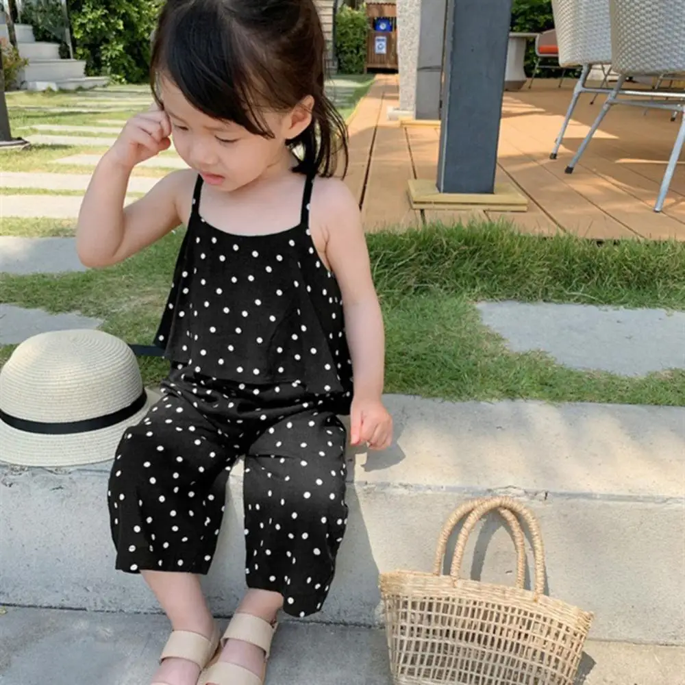

2-7T Children Girls Summer Sleeveless Cotton Wave Dot Print Stitching Ruffles Cute Jumpsuit