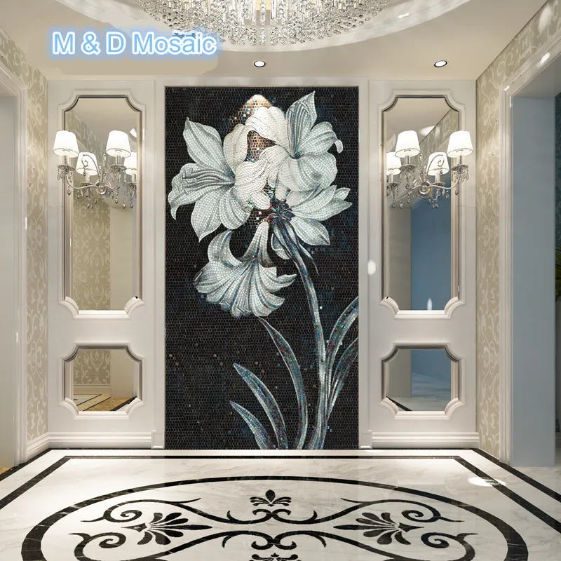 

Factory Lotus Flower Glass Mosaic Hand Cut backsplash Mosaic Tile Wall Mural Hotel Sofa Background Wall entranceway bathroom