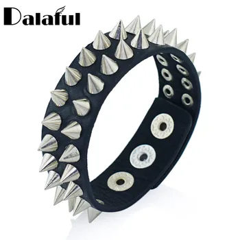 Gothic Delicate Cuspidal Spikes Rivet Cone Stud Cuff Black Leather bracelets & bangles Punk Bracelet for women men jewelry S266