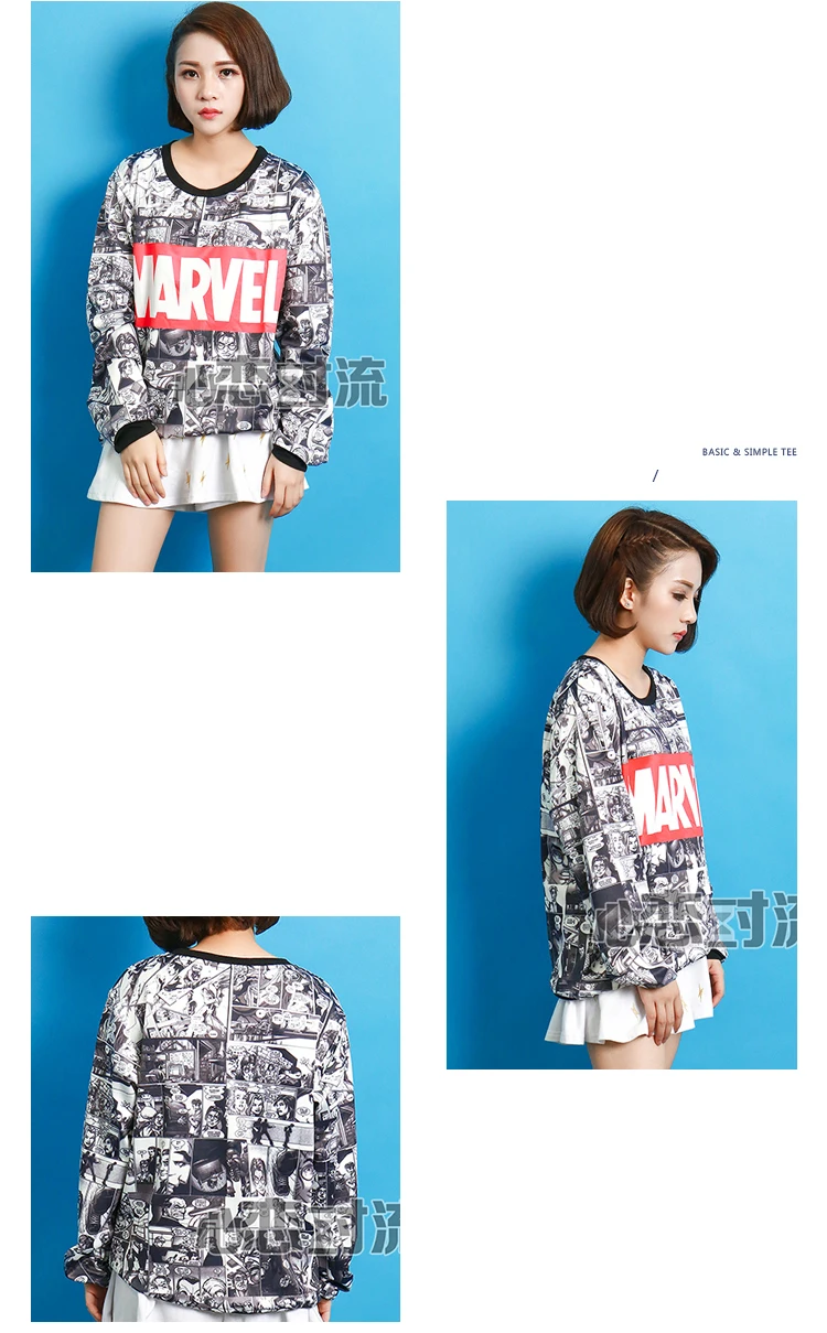 Harajuku Модные женские толстовки с принтом комиксов Marvel, винтажные хлопковые Свободные толстовки с капюшоном, женские пуловеры с длинным рукавом