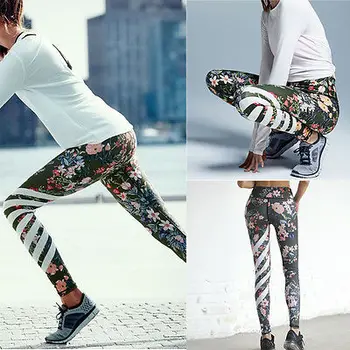 

Hirigin 2017 Print Elastic Waist Compression Gymming Pants Wide Waistband Quick Dry Striped Printing Leggings Fitness Apparal
