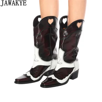 

JAWAKYE design genuine leather knee high boots for women embroidery butterfly Motorcycle Boots pointed toe cool ankle boots