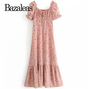 Bazaleas Франция розовый цветочный принт женское платье винтажное центр бант тонкие оборки длинные платья Элегантное vestido Прямая - Цвет: O47 pink 6817