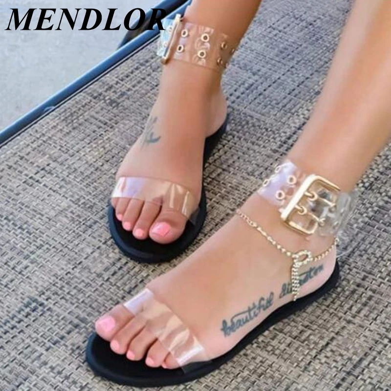 

New women sandals transparent flat summer gladiator open toe clear jelly shoes ladies roman beach sandals