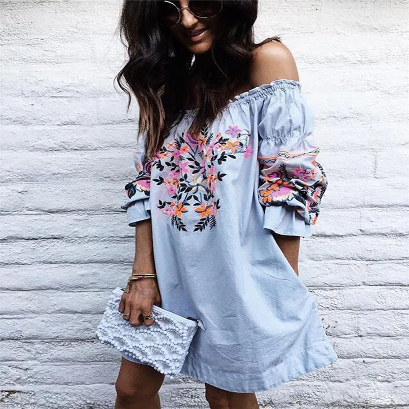 

2019 Stylish Women clothes Off Shoulder Casual Ladies Loose three quarters sleeve cotton Summer Floral print Dresses one pieces