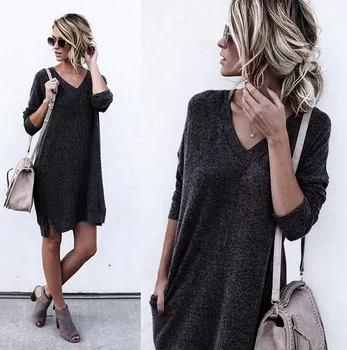 

NEW Women Loose Dresses Long Sleeve Knitted V Neck Knitting Sweater Autumn Tunic Dress