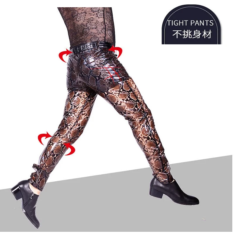 Plus Size Snake Print Thin Full Glue Semi Permeable PU Leather Pants Hombre Streetwear Men Sexy Straight Pantalon Uomo Clubwear 1