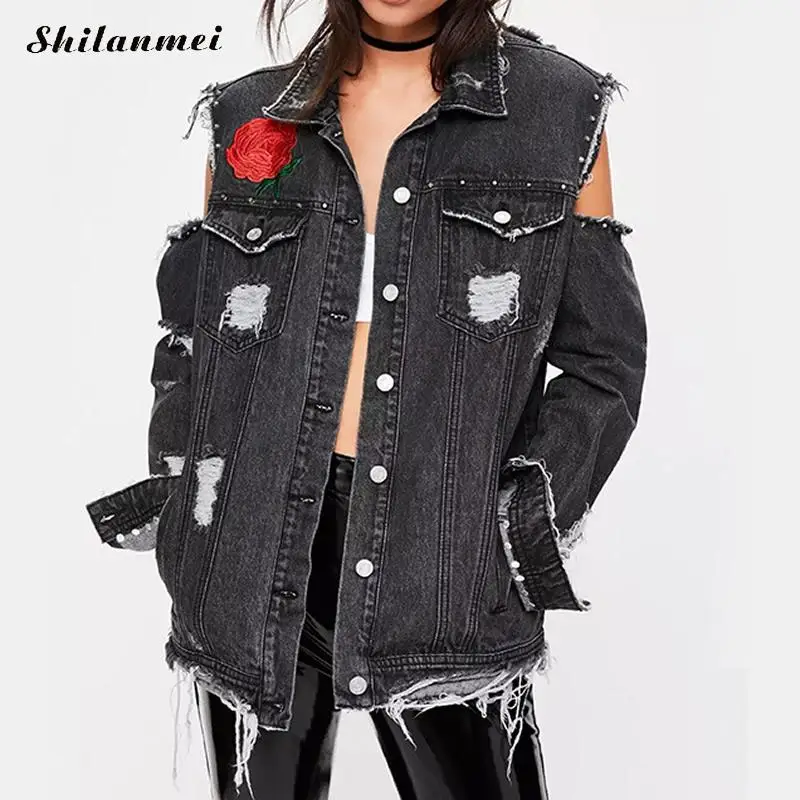 Denim Jacket Women Embroidery Turn Down Collar Tassel Streetwear Black Jeans Jacket Holes Female