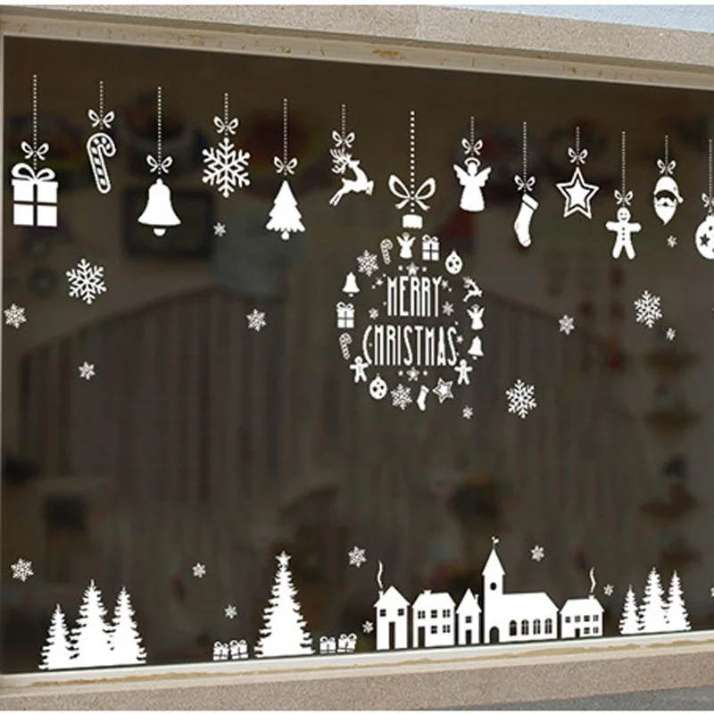 Christmas Village Glass Window White Wall Sticker For Christmas Decoration Mural Home Decor