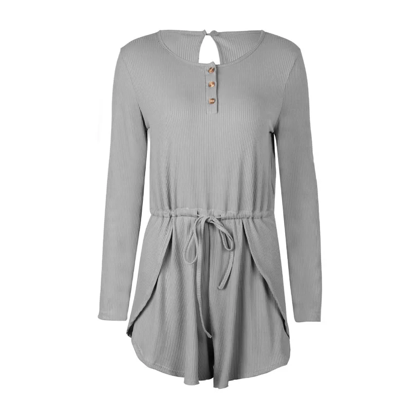 ENbeautter Для женщин Playsuit Новая Осенняя Повседневная Свободные длинным рукавом твердых яма полосы Комбинезоны женские осеннее платье ползунки - Цвет: Gray