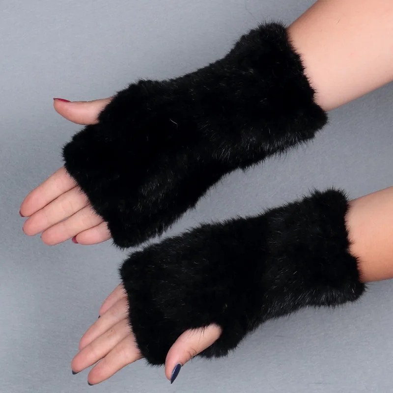 Модные варежки из натурального меха без пальцев ручной вязки эластичные перчатки из натурального меха норки для женщин толщина зимние митенки Ms. MinShu - Цвет: black mink