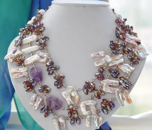 

Jewelr 005435 3strands BAROQUE lavender pink biwa PEARL crystal amethyst NECKLACE