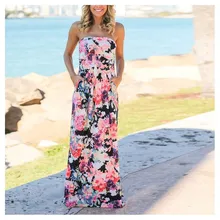 Summer Women Sexy Print Floral Dress Strapless Beach Long Maxi Sundress Bohemian Party Dress bohemian floral maxi dress